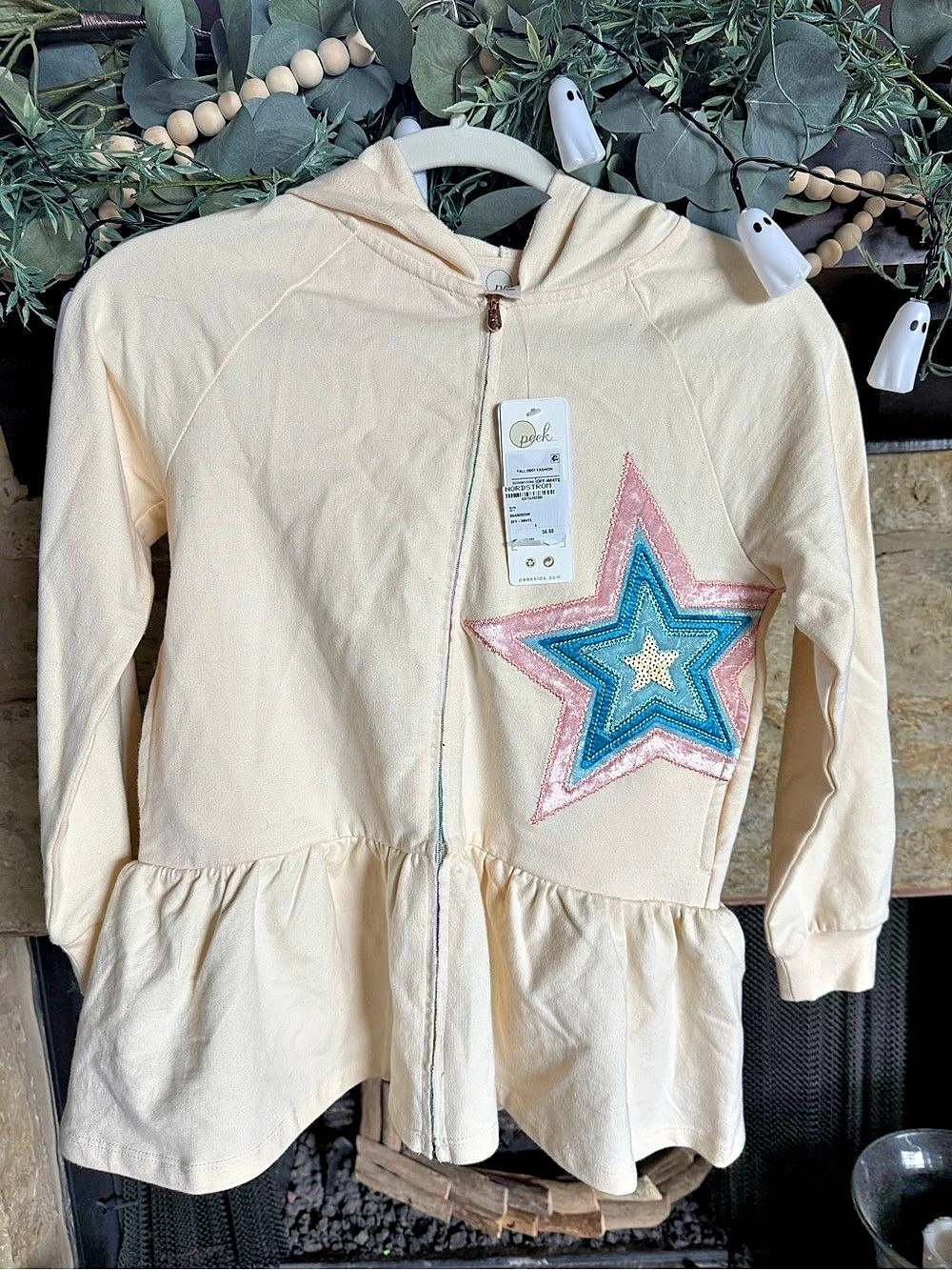 Peek Nordstrom Star Hoodie in Cream & Pink Girls 8-NWT
